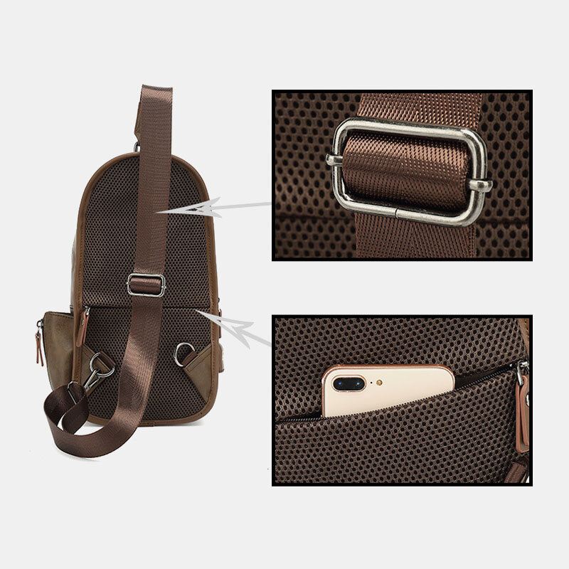 Miesten Pu Nahka Vintage Monitoimi Kuulokeaukko Usb Lataus Crossbody Bag Rintalaukku Sling Bag