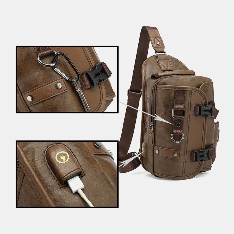 Miesten Pu Nahka Vintage Monitoimi Kuulokeaukko Usb Lataus Crossbody Bag Rintalaukku Sling Bag