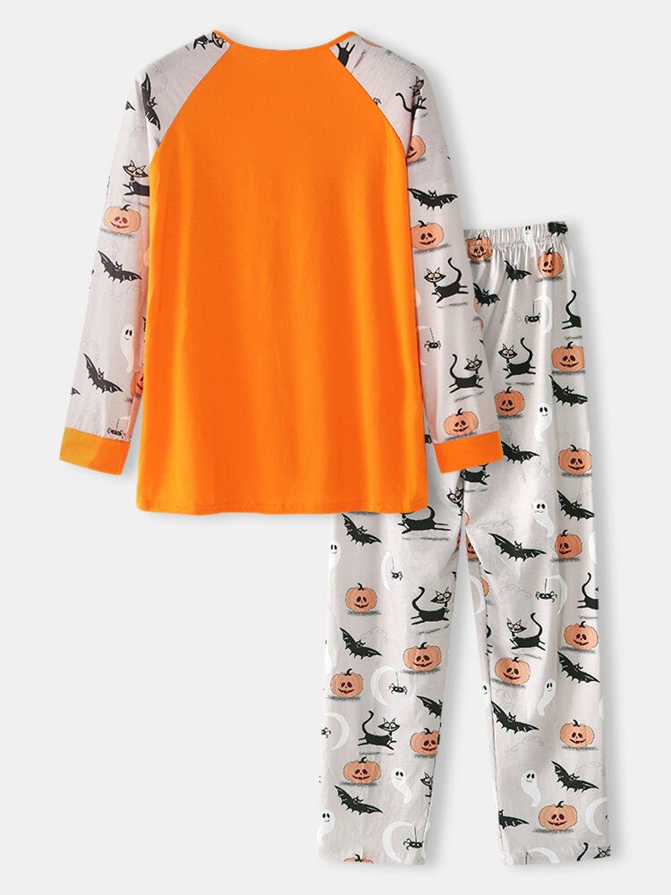 Miesten Sarjakuva Halloween Print Tilkkutäkki Pyöreäpääntie Löysä Pitkähihainen Rento Kotipyjamasetti