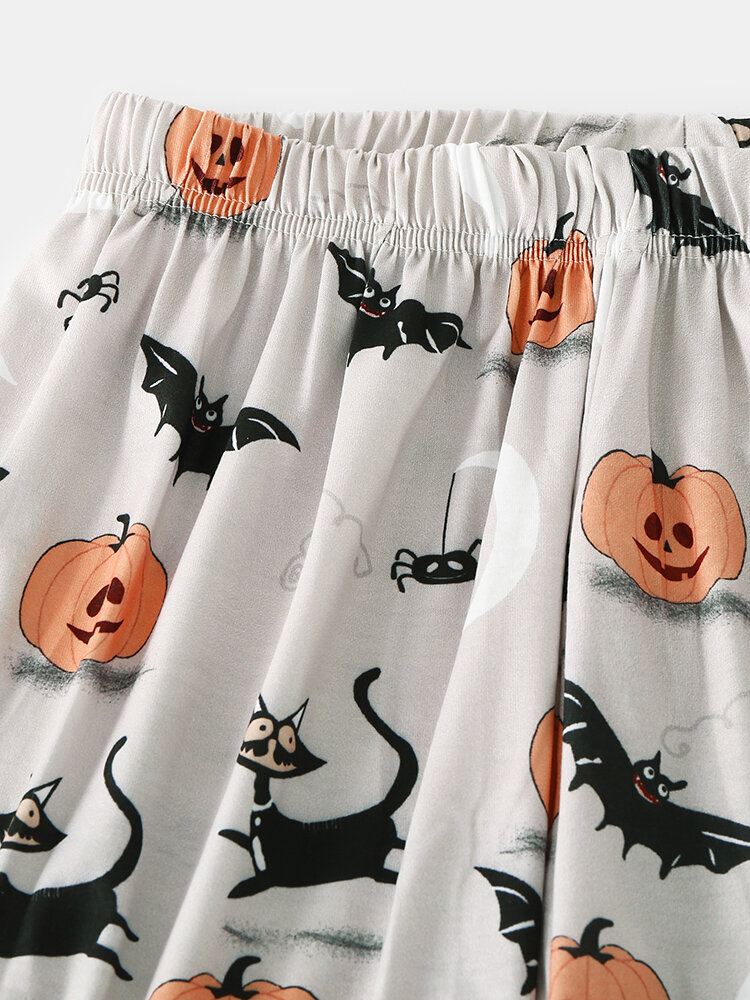 Miesten Sarjakuva Halloween Print Tilkkutäkki Pyöreäpääntie Löysä Pitkähihainen Rento Kotipyjamasetti