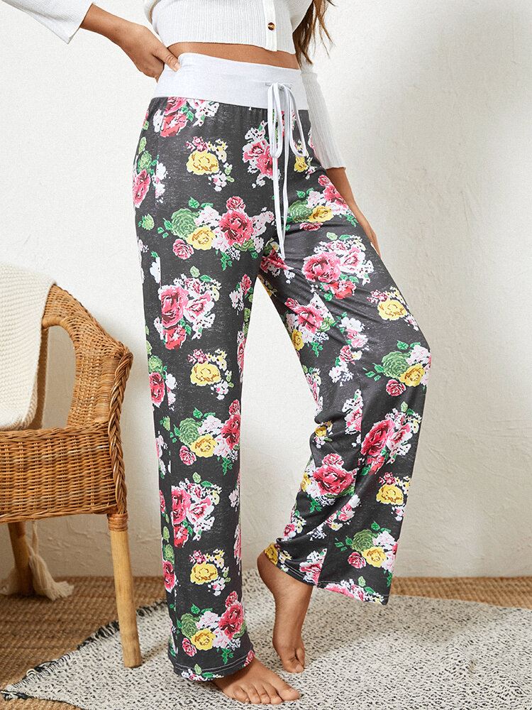 Naiset Plus Size Allover Flowers Print Kiristysnyöri Vyötärö Löysä Rento Koti Pyjama Housut