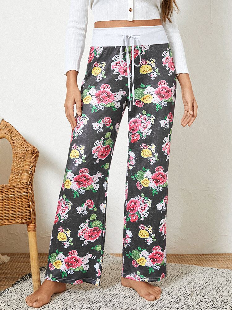 Naiset Plus Size Allover Flowers Print Kiristysnyöri Vyötärö Löysä Rento Koti Pyjama Housut