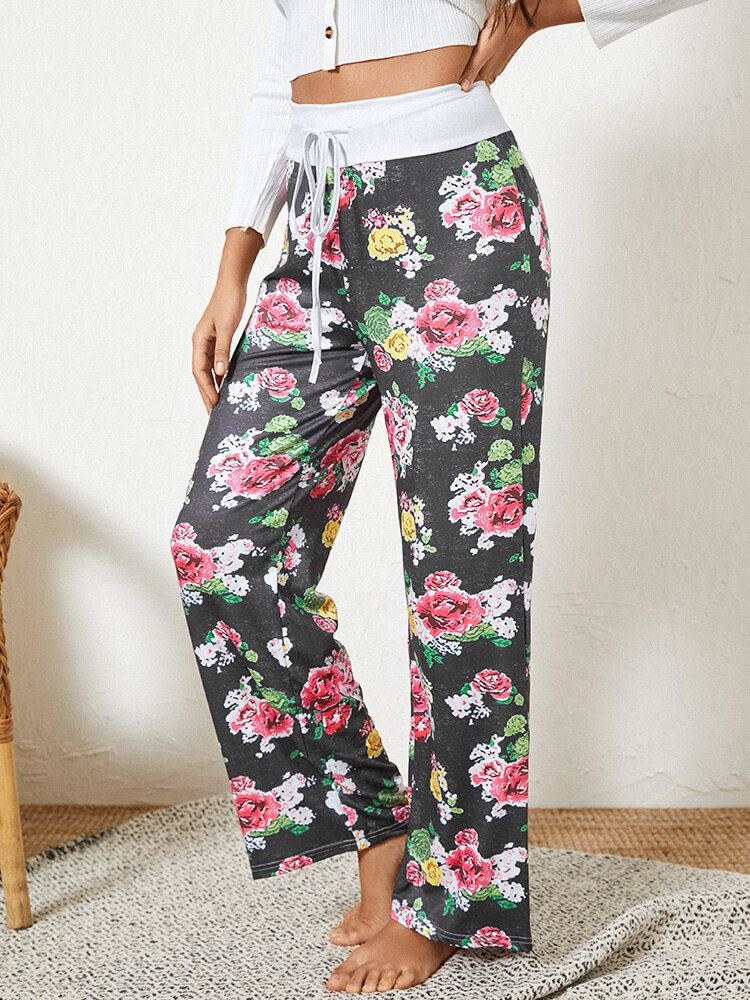 Naiset Plus Size Allover Flowers Print Kiristysnyöri Vyötärö Löysä Rento Koti Pyjama Housut