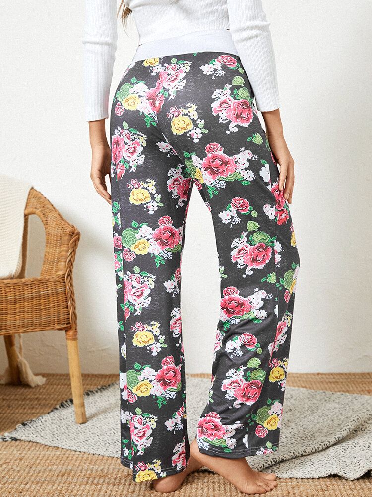 Naiset Plus Size Allover Flowers Print Kiristysnyöri Vyötärö Löysä Rento Koti Pyjama Housut