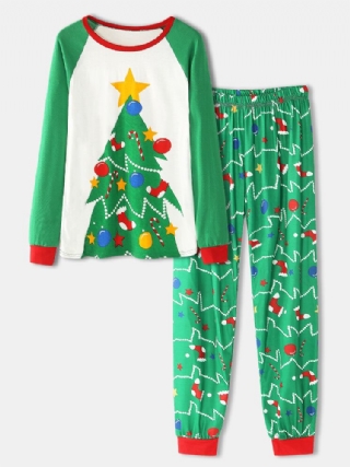 Naiset Sarjakuva Joulukuusiprintti Raglan Sleeves Collegepaidat Joustava Vyötärö Jogger Housut Koti Pyjama Set