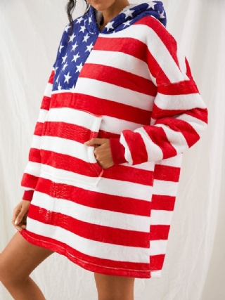 Naisten American Flag Graphics Fleecevuorattu Huopahuppari Kodikas Paksu Lämmin Viitta Taskulla