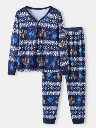 Naisten Joulutyyliprintti V-pääntie Pitkähihainen Neulepusero Löysät Housut Kaksiosainen Pyjamasetti