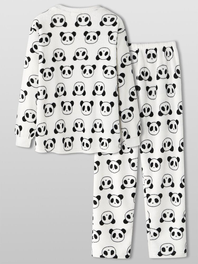 Naisten Koko Sarjakuva Panda Pitkähihainen Pehmoinen Lämmin Kotipyjamasetti