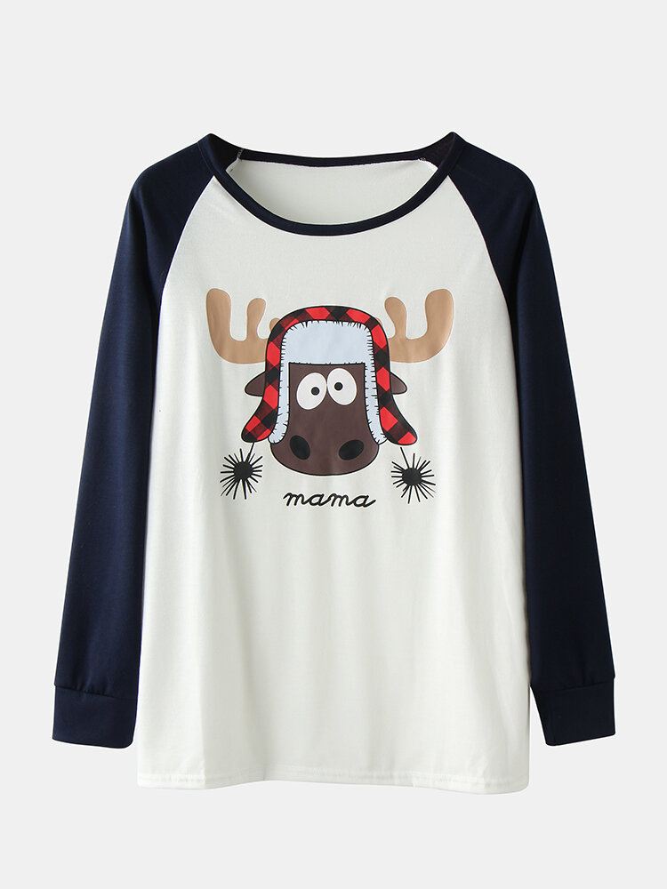 Naisten Sarjakuva Elk Print Raglan Sleeves Top Print Elastiset Vyötäröhousut Etusivu Jouluinen Pyjamasetti