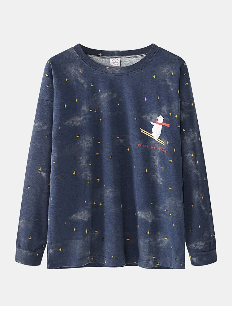 Naisten Sarjakuva Jääkarhu Tähtitaivas Print Pullover Joustava Vyötärö Taskuhousut Koti Pyjama-setti