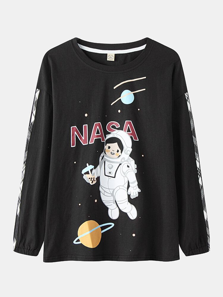 Naisten Tyttö Astronaut Print Pyöreäpääntie Puuvillainen Resorit Pyjamasarjat Ruudullisilla Housuilla