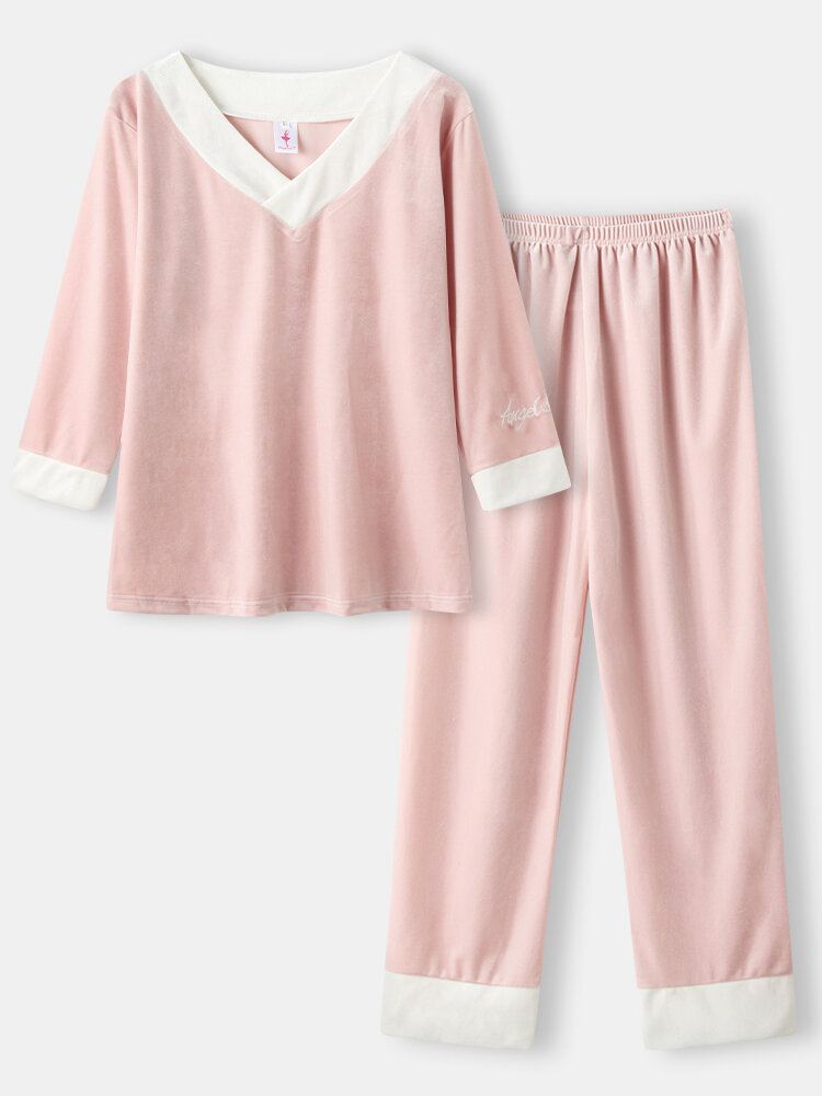 Naisten Velour Contrast V-kaula Kirjekirjonta Mansetti Cozy Pyjamasetit