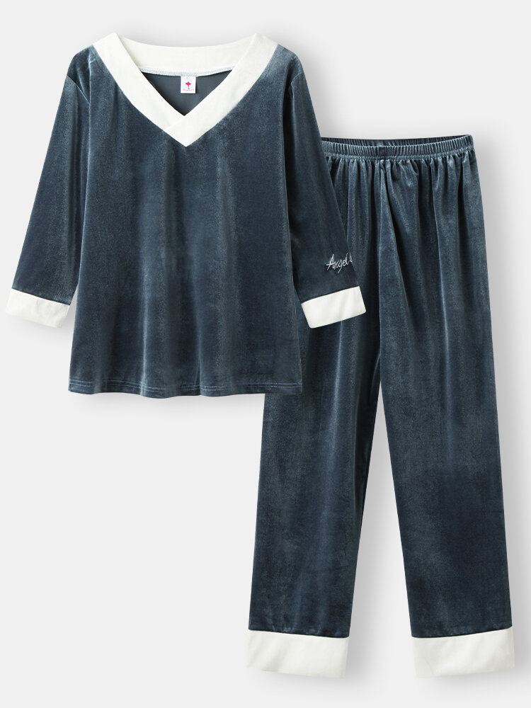 Naisten Velour Contrast V-kaula Kirjekirjonta Mansetti Cozy Pyjamasetit