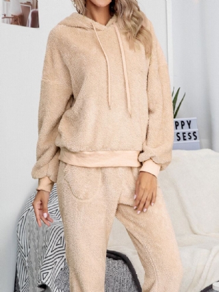 Naisten Yksivärinen Fleece-puserohuppari Jogger-housut Kaksiosainen Home Fuzzy Pyjamasetti