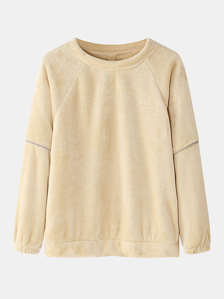 Naisten Yksivärinen Raglan Hihat Coral Fleece Tasku Lämmin Koti Pyjama Setti