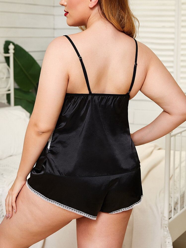 Plus Size Naisten Tekosilkkipitsi Patchwork Katso Through Backless Chemises Alusvaatteet Setti