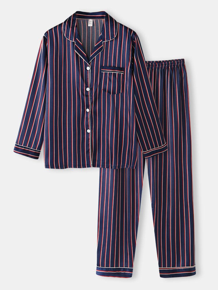 Stripe Camp Kaulustasku Pitkähihainen Joustava Vyötärö Faux Silkki Kotipyjamasetit Naisille