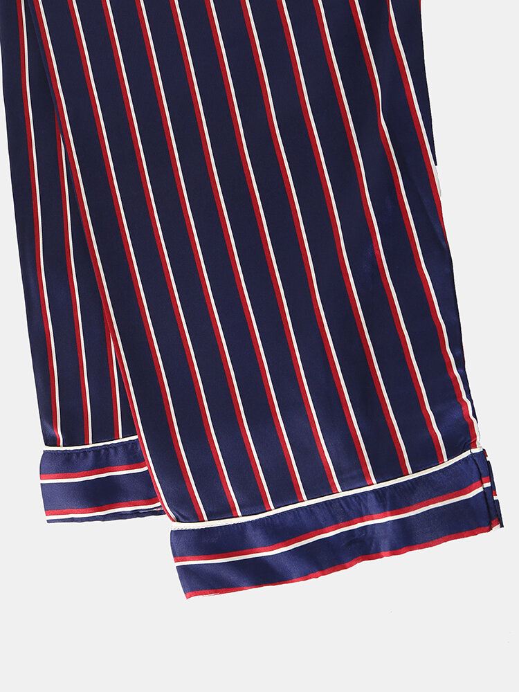 Stripe Camp Kaulustasku Pitkähihainen Joustava Vyötärö Faux Silkki Kotipyjamasetit Naisille