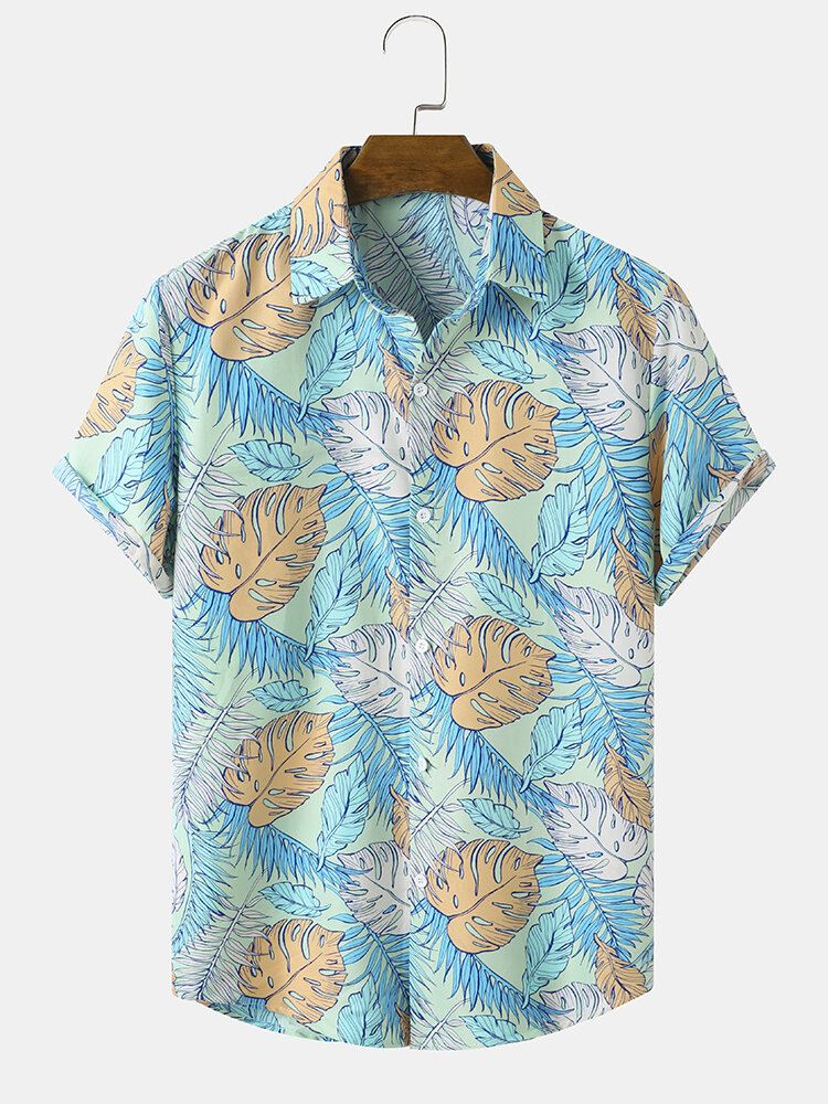 Miesten Allover Tropical Plants Sarjakuva Rantavaatteet Lapel Hawaii Style Paidat