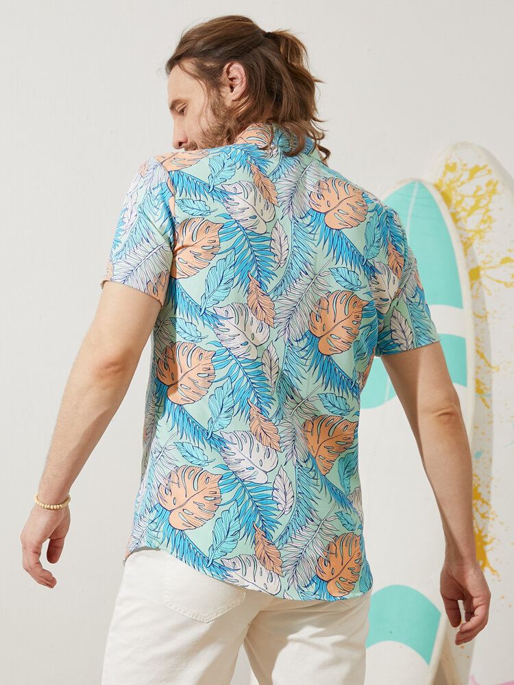 Miesten Allover Tropical Plants Sarjakuva Rantavaatteet Lapel Hawaii Style Paidat