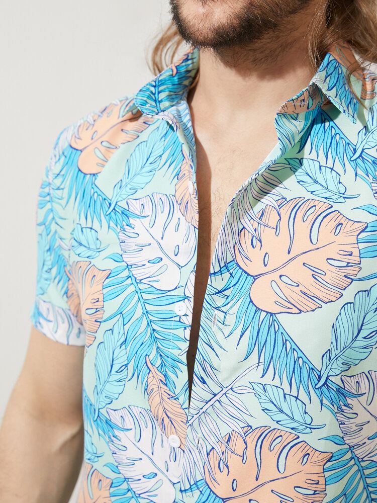 Miesten Allover Tropical Plants Sarjakuva Rantavaatteet Lapel Hawaii Style Paidat