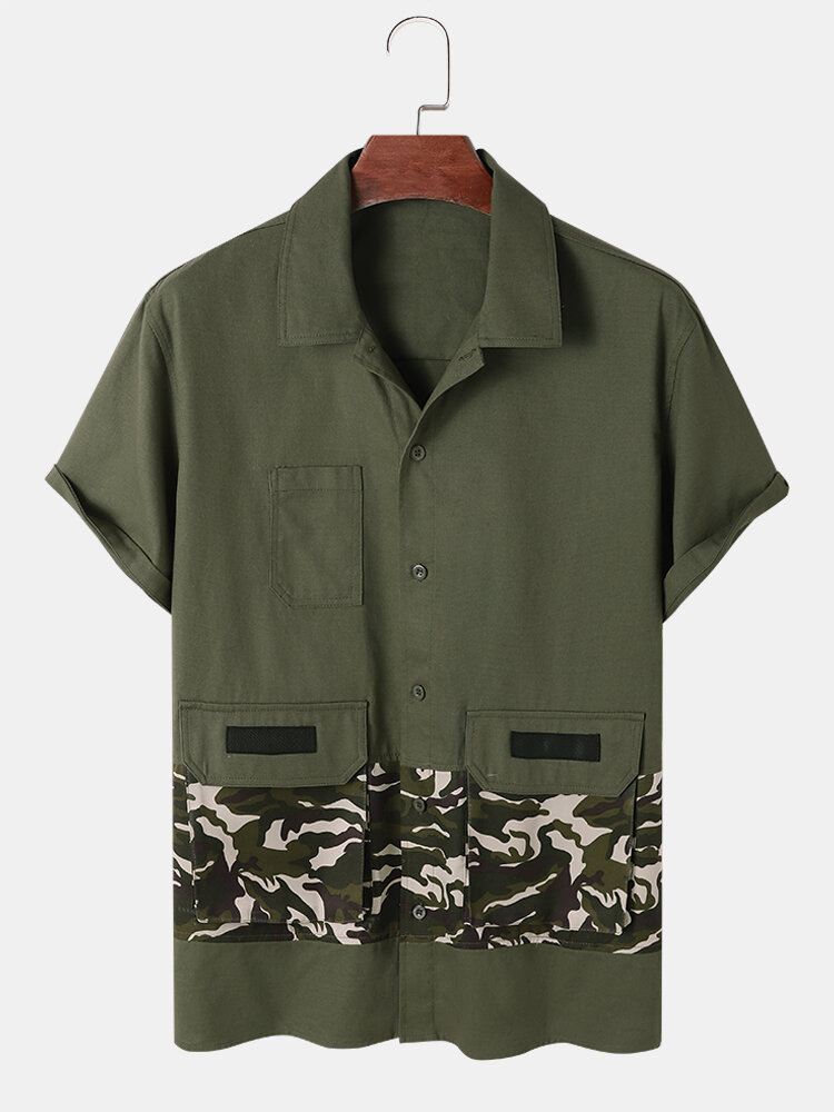 Miesten Camo Patchwork Utility Lyhythihaiset Cargo Kaikki Matched Ihoystävälliset Paidat