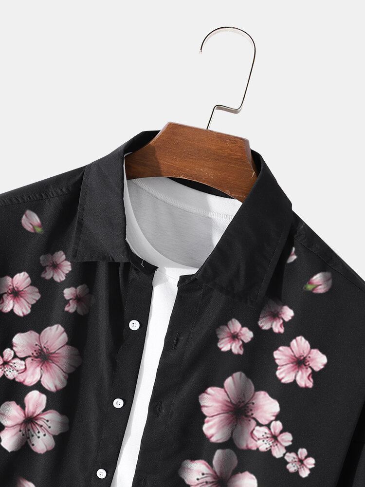 Miesten Cherry Blossom Button Up Pitkähihaiset Kaareva Helma Vapaa-ajan Paidat