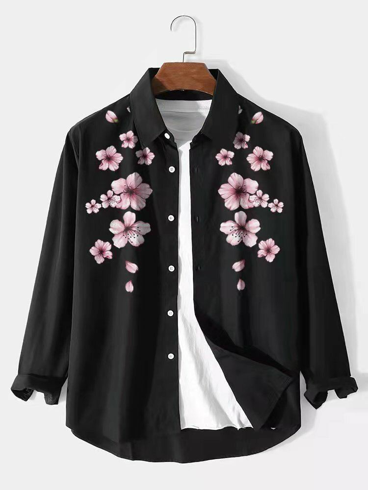 Miesten Cherry Blossom Button Up Pitkähihaiset Kaareva Helma Vapaa-ajan Paidat