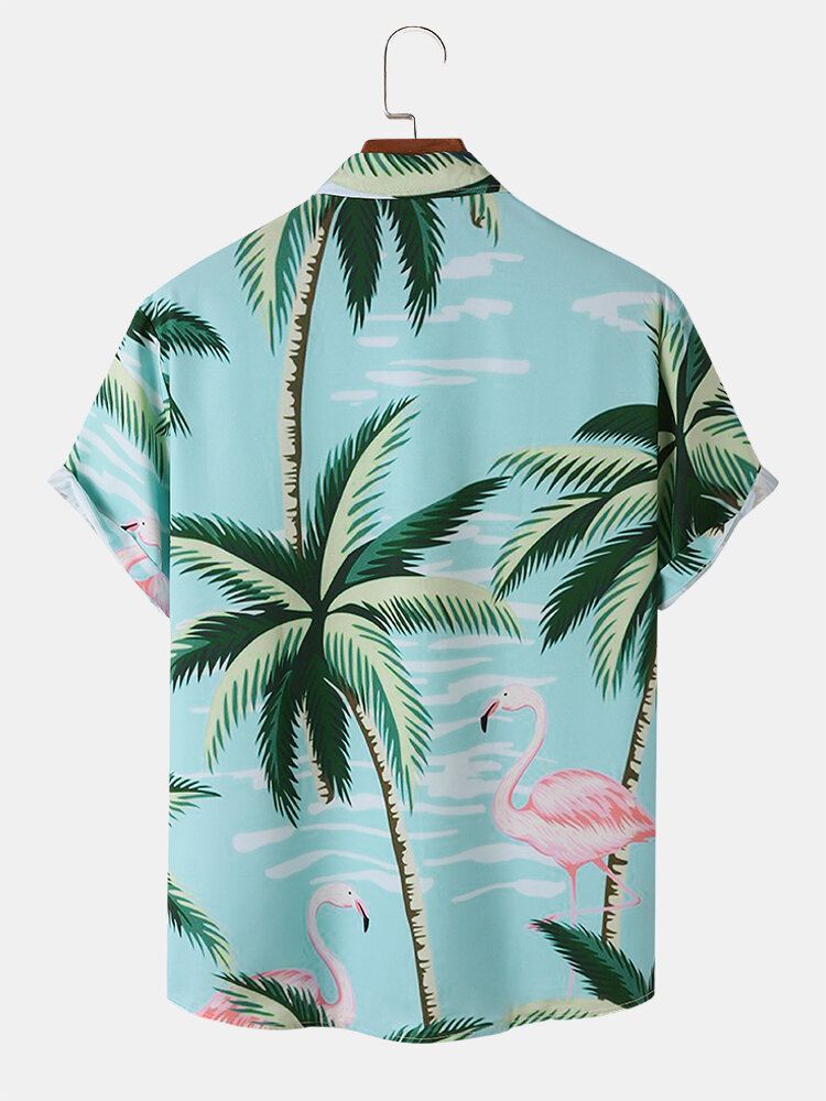 Miesten Coconut Tree Crane Print Lyhythihaiset Edessä Button Vapaa-ajan Paidat