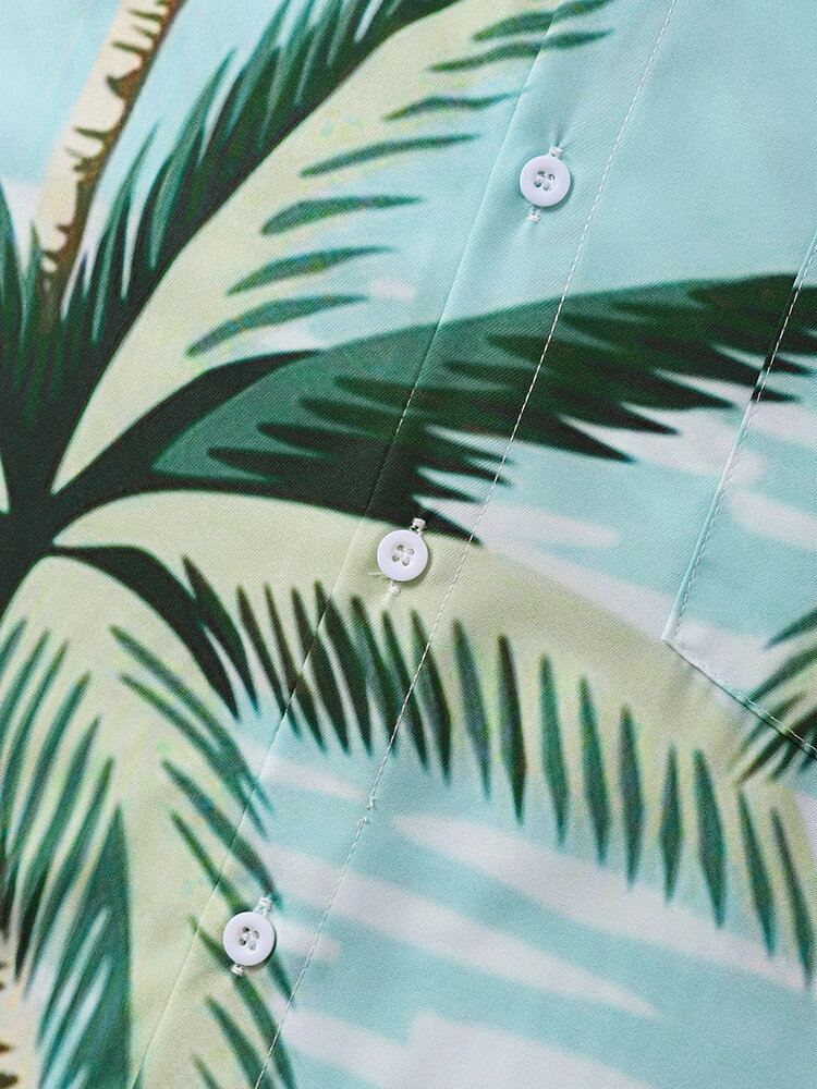 Miesten Coconut Tree Crane Print Lyhythihaiset Edessä Button Vapaa-ajan Paidat