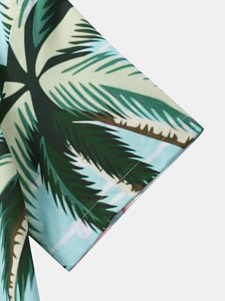 Miesten Coconut Tree Crane Print Lyhythihaiset Edessä Button Vapaa-ajan Paidat