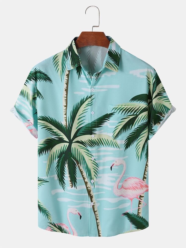 Miesten Coconut Tree Crane Print Lyhythihaiset Edessä Button Vapaa-ajan Paidat