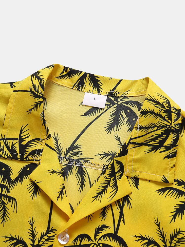 Miesten Coconut Tree Graphic Revere Collar Hawaii Style Pehmeät Casual Paidat