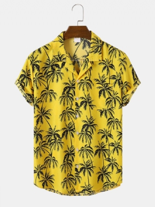 Miesten Coconut Tree Graphic Revere Collar Hawaii Style Pehmeät Casual Paidat