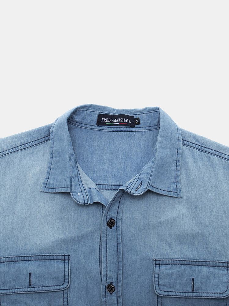 Miesten Denim Rintataskut Button Up Rento Pitkähihaiset Paidat