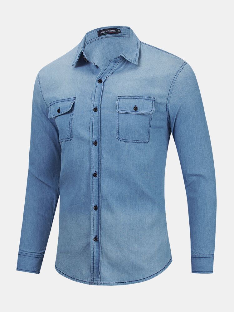 Miesten Denim Rintataskut Button Up Rento Pitkähihaiset Paidat