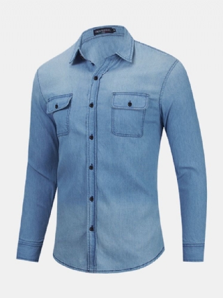 Miesten Denim Rintataskut Button Up Rento Pitkähihaiset Paidat