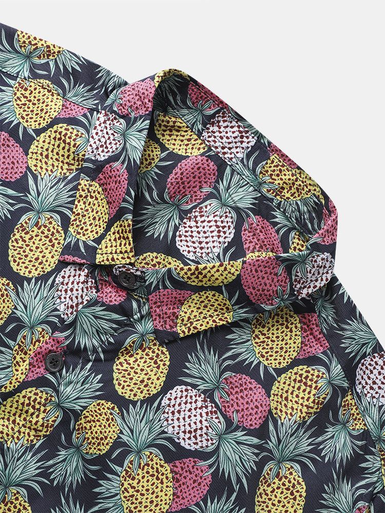 Miesten Funny Allover Pineapple Print Street Button Kaareva Helma Joulupaidat