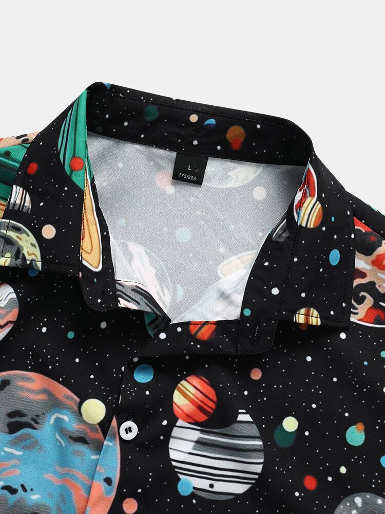 Miesten Galaxy Planet Print Black Lapel Paidat