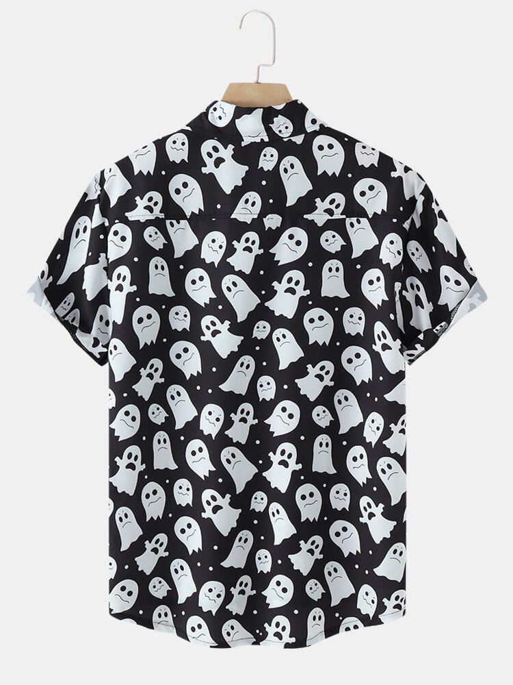 Miesten Halloween Allover Ghost Print Button Up Pocket Casual Paidat