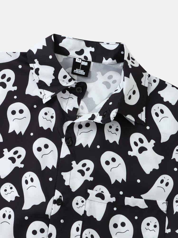 Miesten Halloween Allover Ghost Print Button Up Pocket Casual Paidat