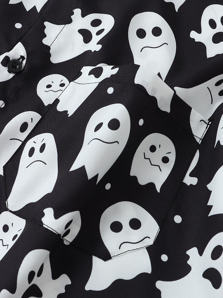 Miesten Halloween Allover Ghost Print Button Up Pocket Casual Paidat