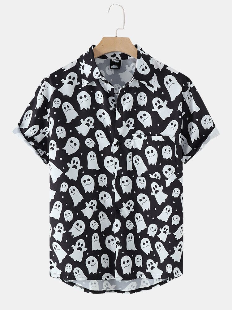 Miesten Halloween Allover Ghost Print Button Up Pocket Casual Paidat