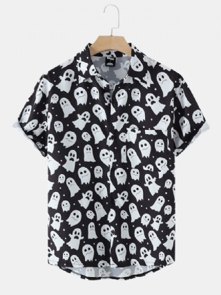 Miesten Halloween Allover Ghost Print Button Up Pocket Casual Paidat