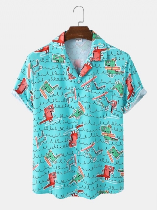 Miesten Hauska Dinosaurprint Rantavaatteet Ice Silk Mukava Revere Collar Hawaii Style Paidat