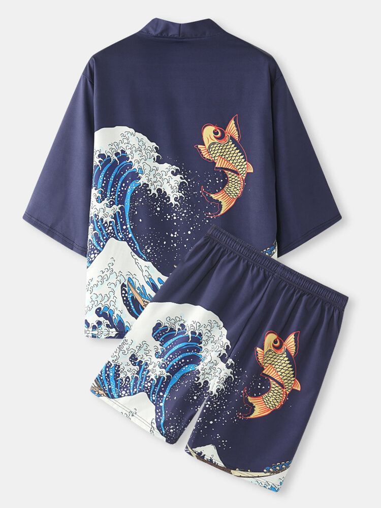 Miesten Japanilainen Kimono Wave Koi Ukiyoe Takaisin Tulosta Kaksiosaiset Asut