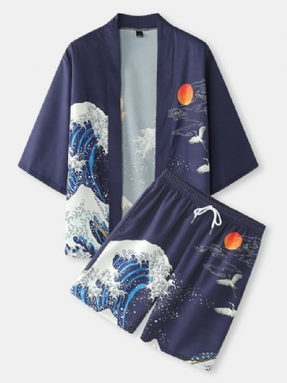 Miesten Japanilainen Kimono Wave Koi Ukiyoe Takaisin Tulosta Kaksiosaiset Asut