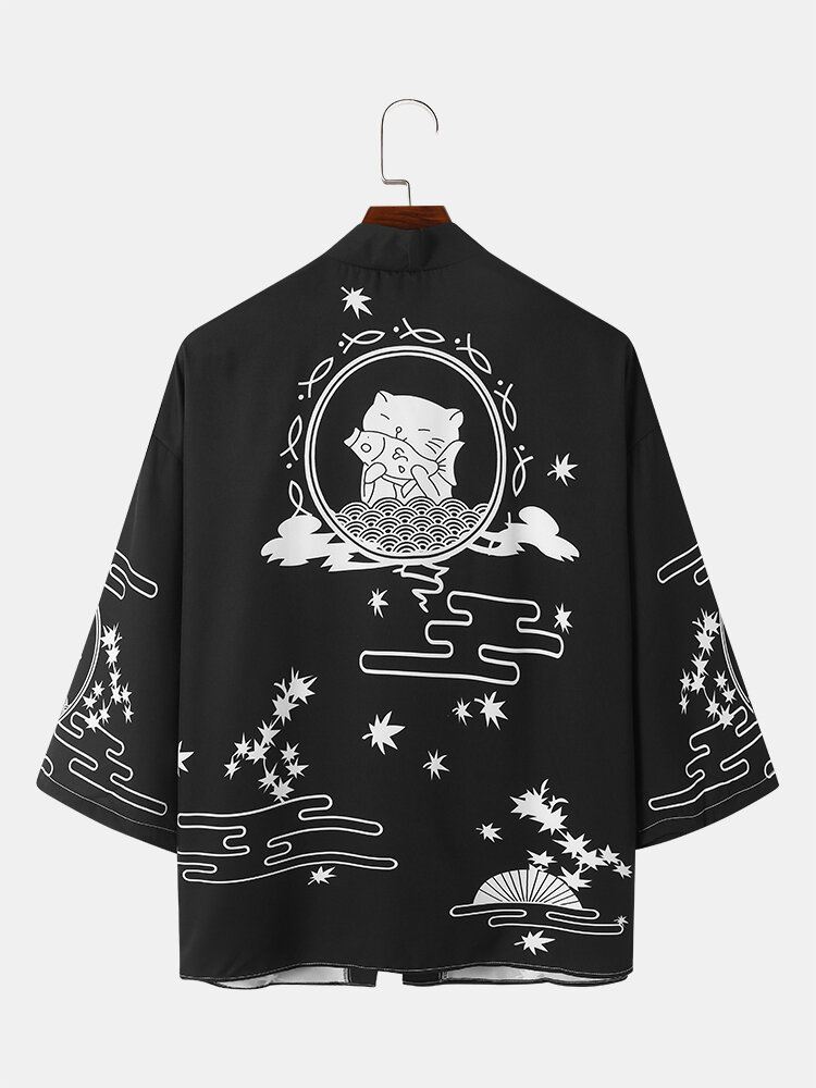 Miesten Japanilaistyylinen Kissakuvio Edessä Avoin Löysä Kimono