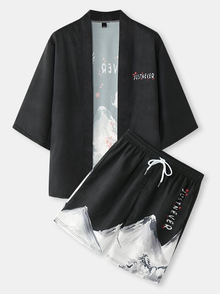 Miesten Kimono Crane Mountain Landscape Print Pocket Kaksiosaiset Asut