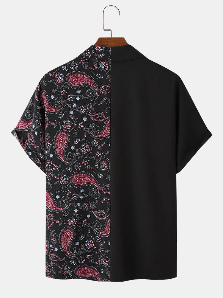 Miesten Kontrastiväriset Paisley Print Stitching Revere Collar Lyhythihaiset Paidat